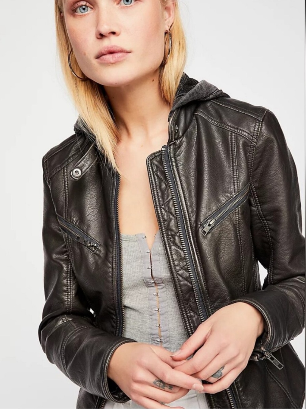 Free People | Womens Black We The Free Vegan Leather Monroe Hooded Moto Jacket S